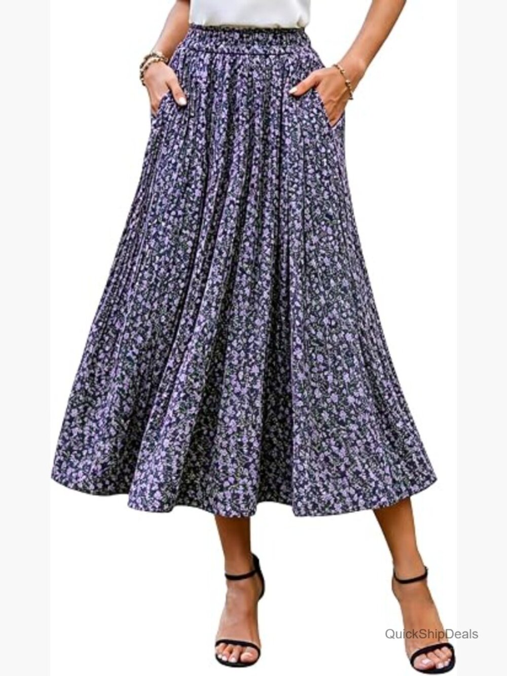 Womens Pleated Midi Skirt with Pockets Flowy A-Line Elastic Waist